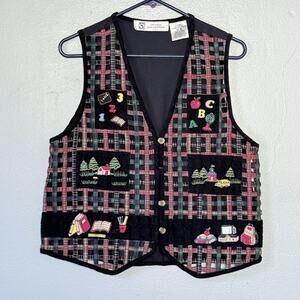 Vintage Teacher's Vest Medium Navy Blue Plaid Corduroy School Kidcore 80s 90s